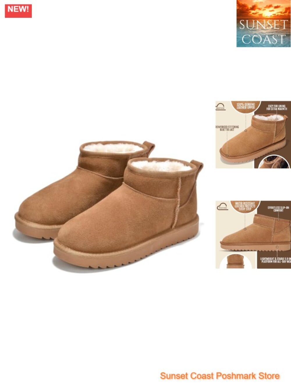 Genuine Leather Ankle Boots Fur-Lined Booties Water-Resistant Women's